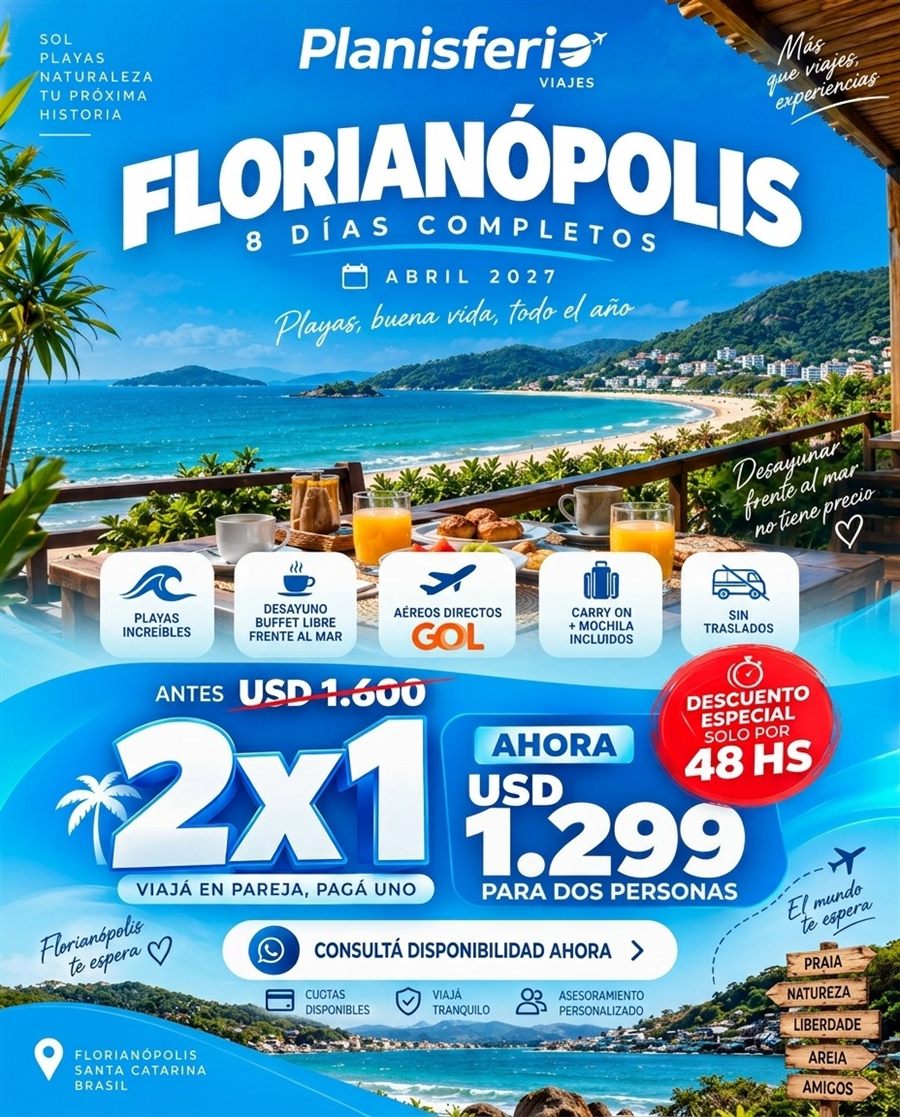 Flyer de la promo Florianópolis, Planisferio Viajes