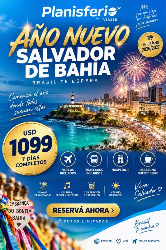 Flyer de la promo Año Nuevo en Salvador de Bahía, Planisferio Viajes